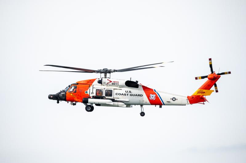 Coast Guard helicopter heads over to Menemsha for training.