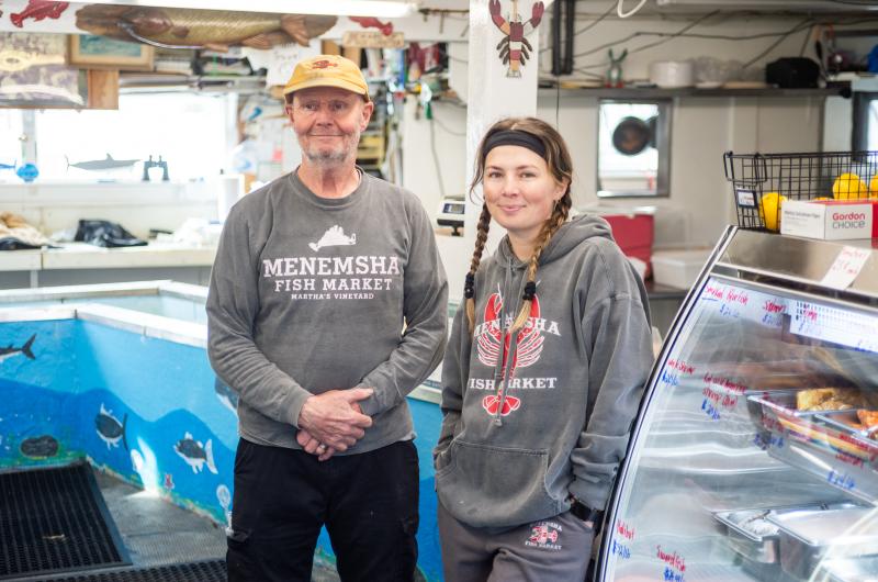 Stanley Larsen and Janelle Fogg at Menemsha Fish Market.